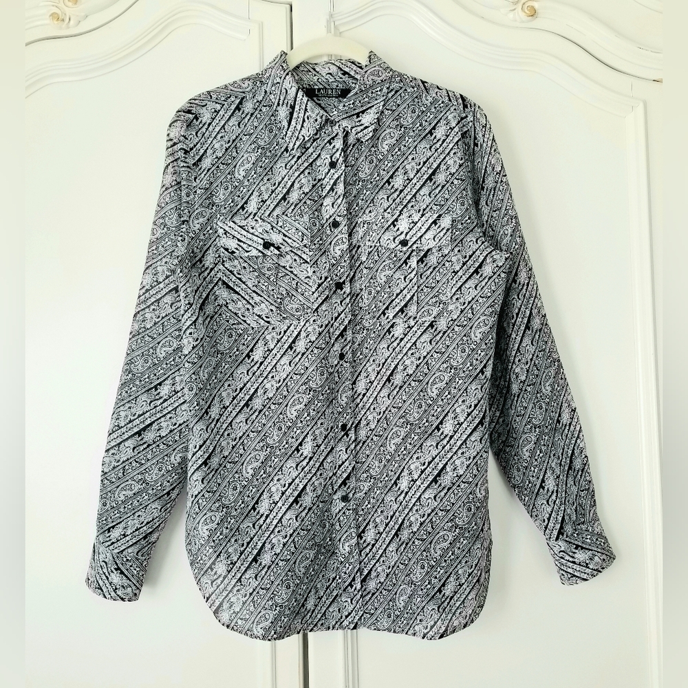 Ralph Lauren Black White Paisley Silk Cotton Blend Long Sleeve Blouse Medium